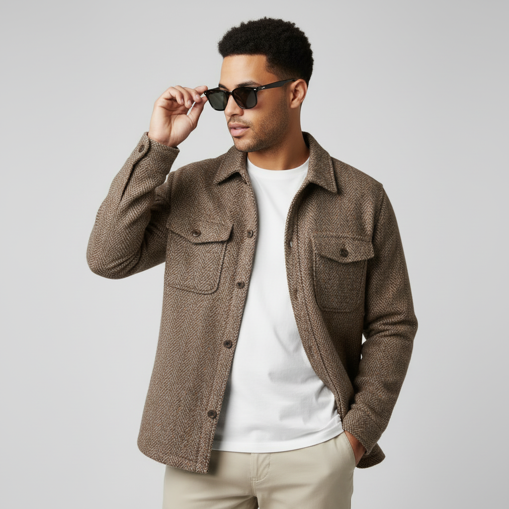Tan Herringbone Wool-Blend Jacket